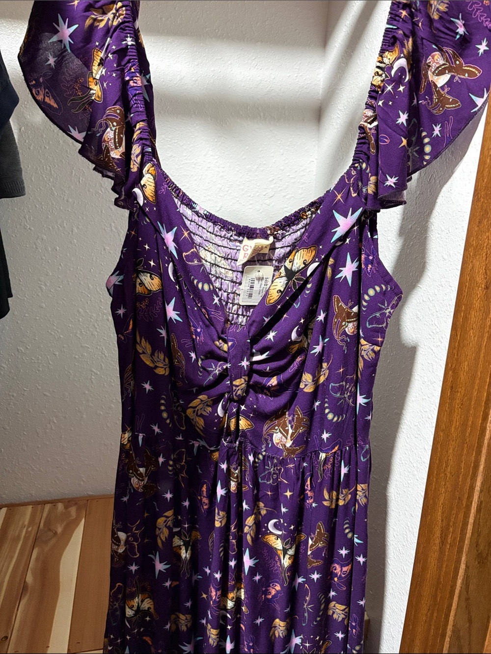 Printed Purple Maxi Dress with Ruffle Straps